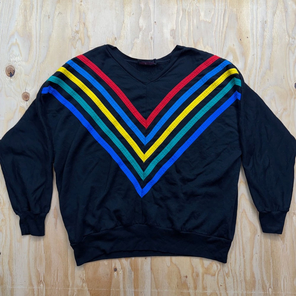 Vintage Proximity V-Neck Sweatshirt Black Rainbow Chevron Stripe Made in USA 38